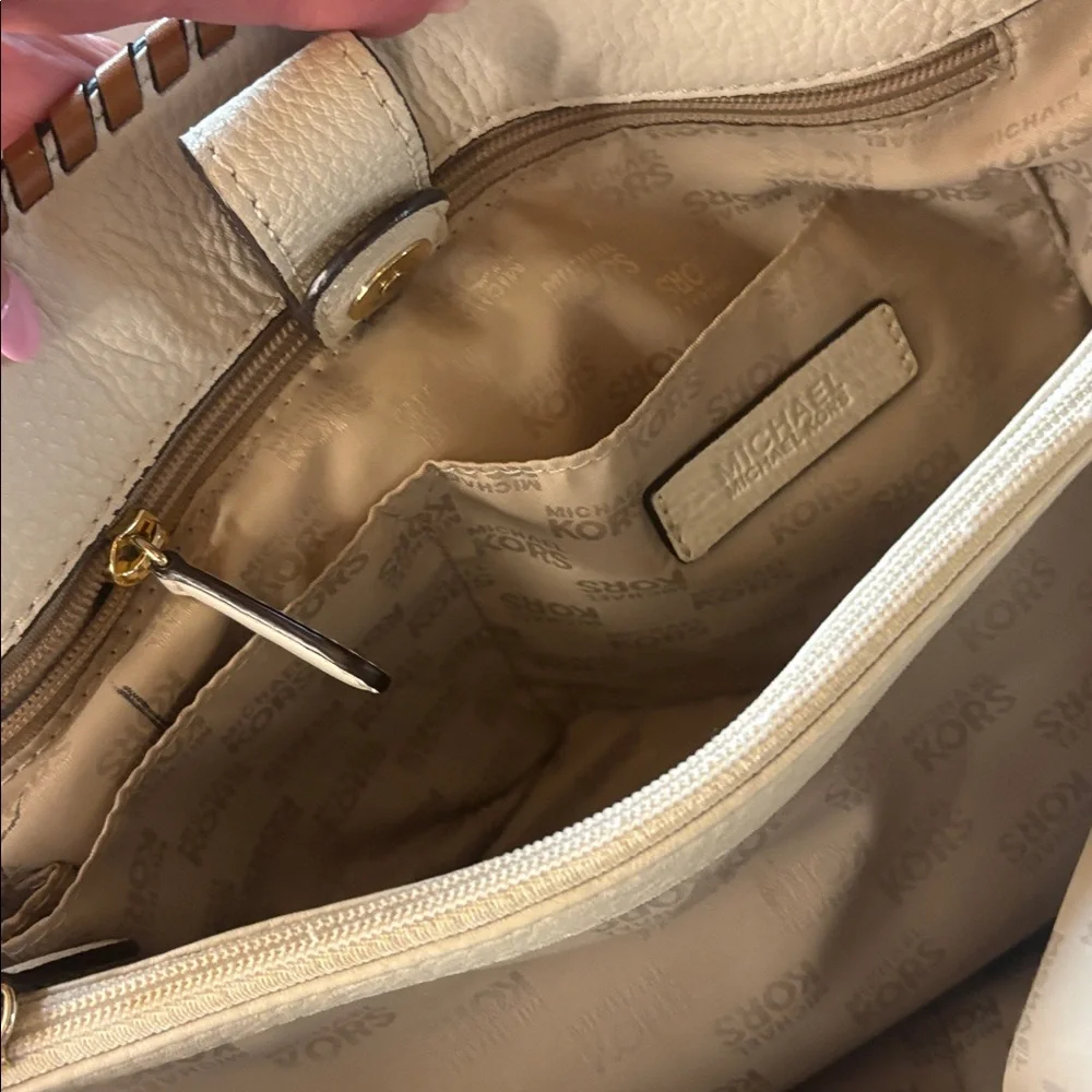 Michael Kors Hamilton Whipstitch Leather Satchel Cream Tan Gold Hardware